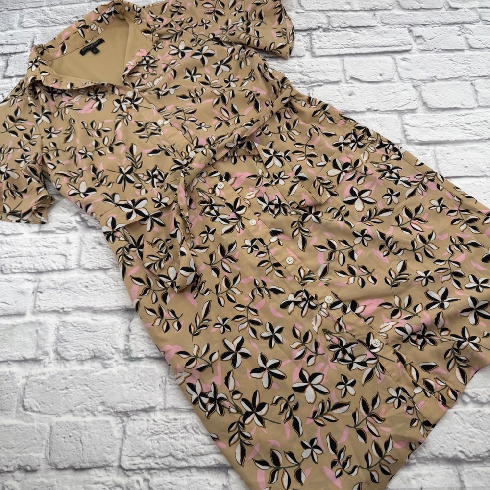 Banana Republic Factory Tan Floral Shirt Dress Tie Waist Office Size 8